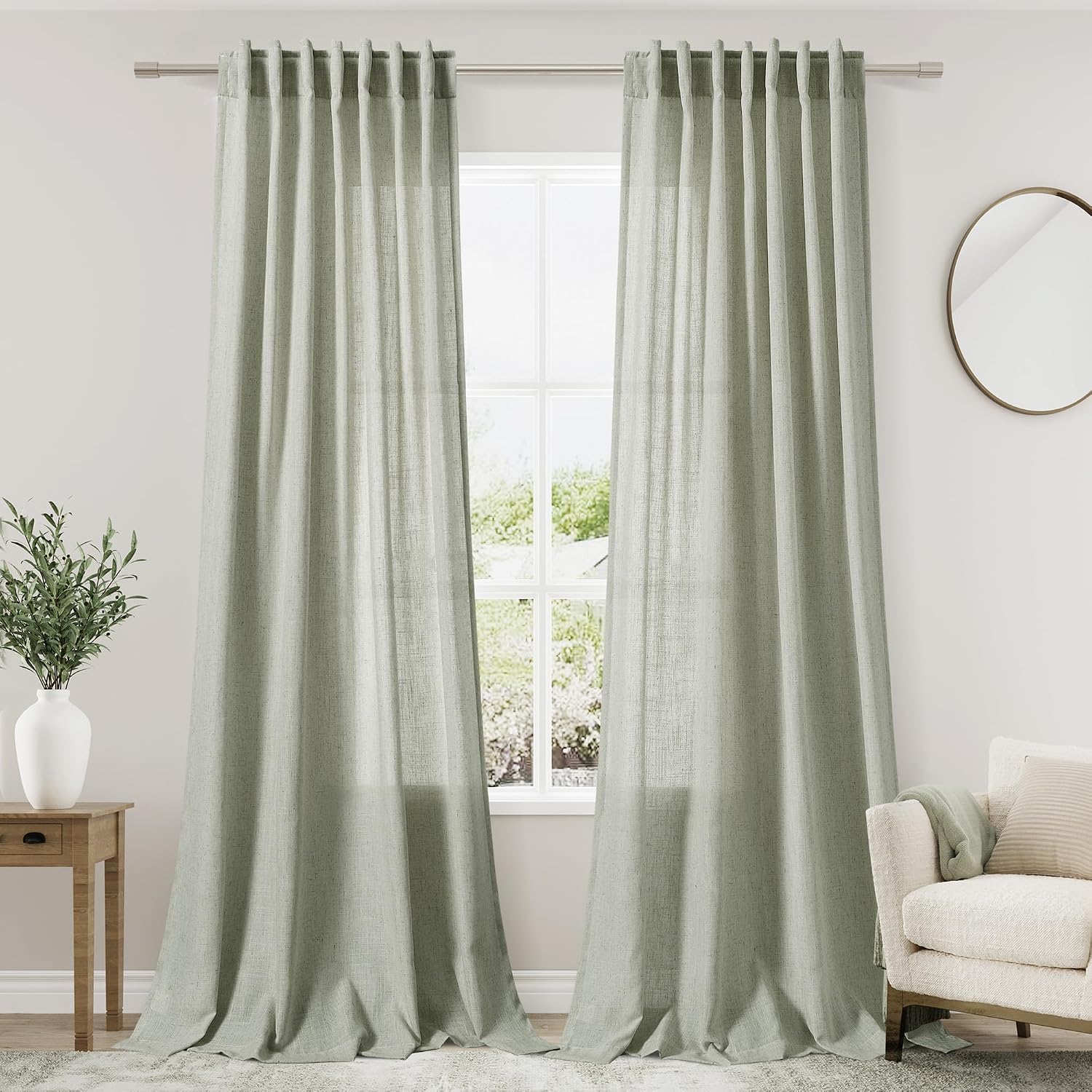 Sage Green Semi Sheer Linen Curtains 90 Inch Set of 2
