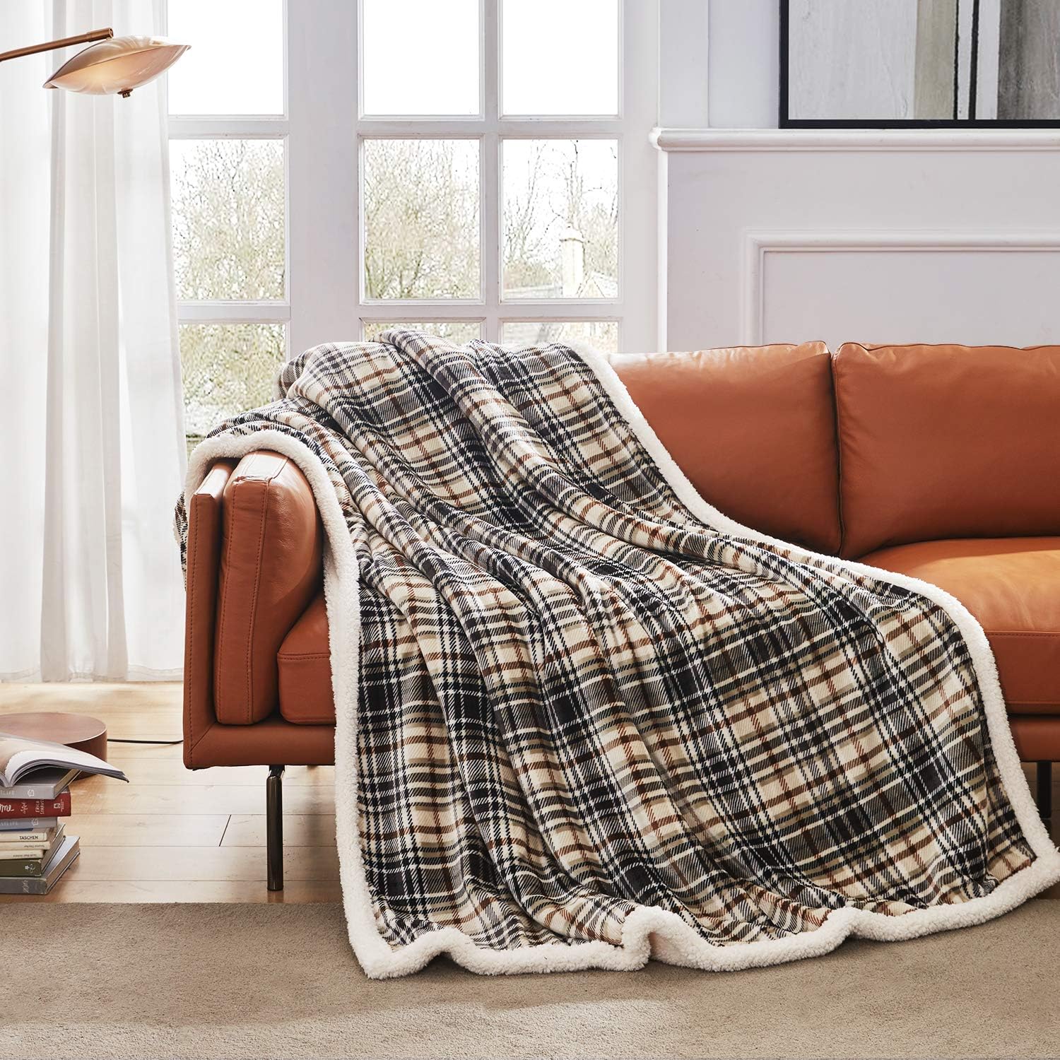 Brown Plaid Sherpa Throw Blanket 60x70