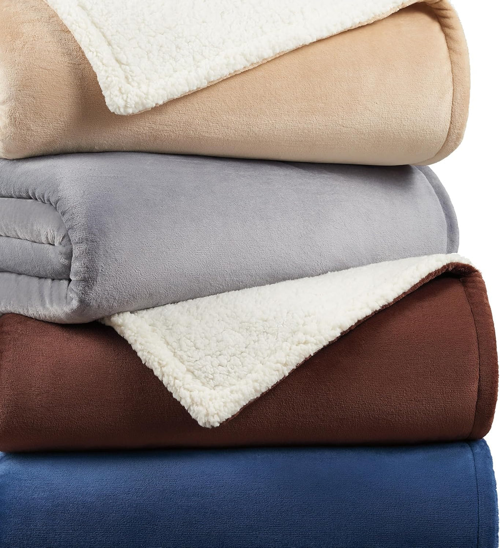 Grey Reversible Sherpa Fleece Throw Blanket Queen 90x90