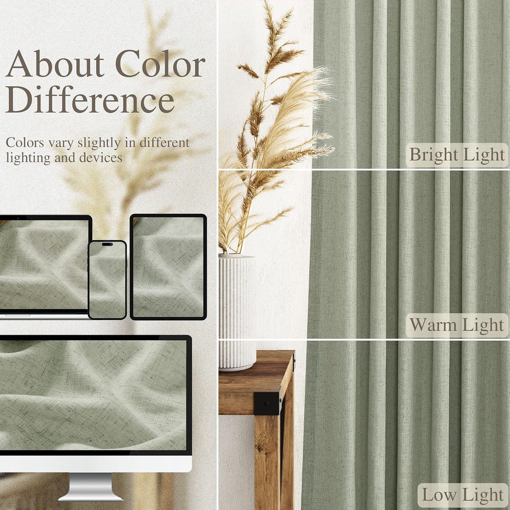 Sage Green Semi Sheer Linen Curtains 90 Inch Set of 2