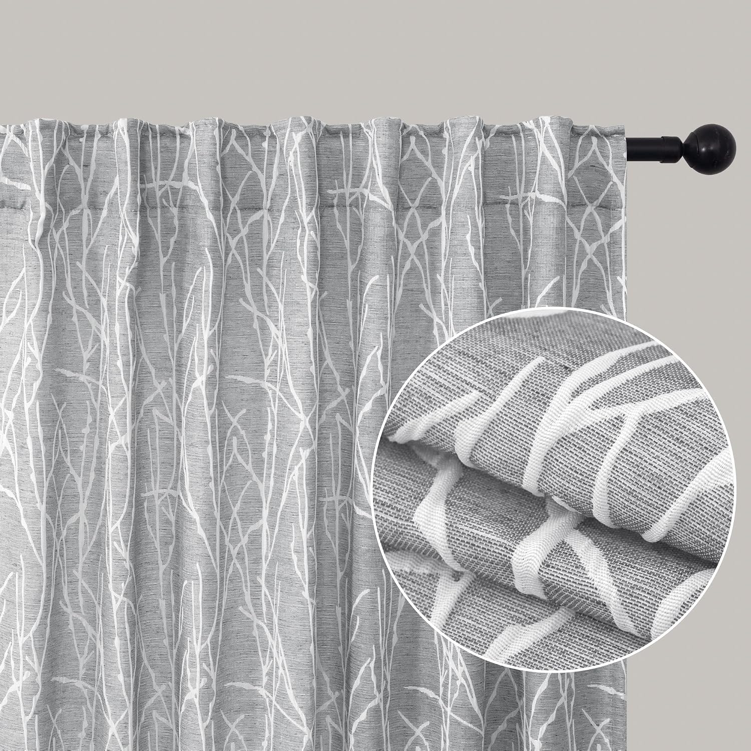 Dark Grey Abstract Tree Jacquard Curtains 120 Inch Set of 2