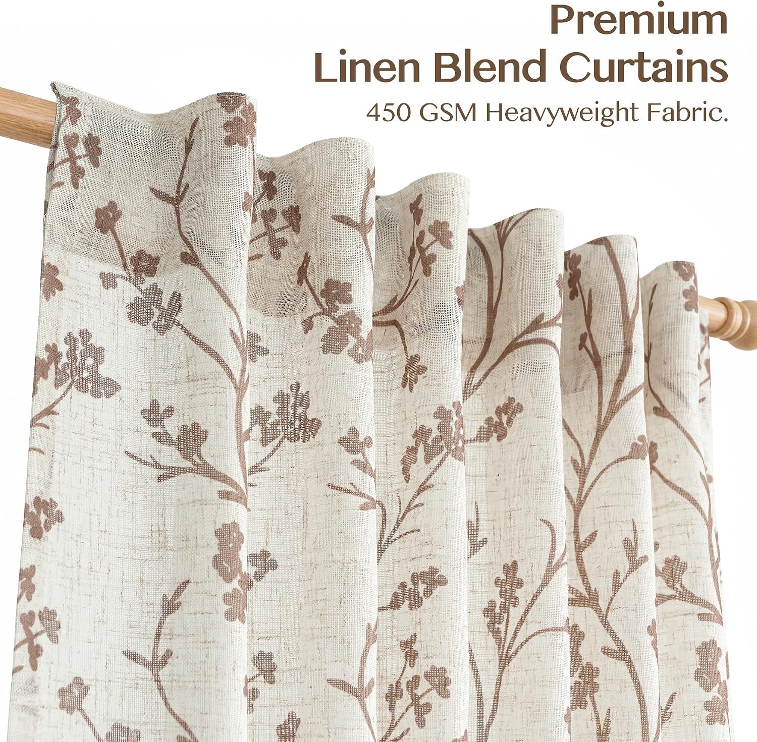 Beige Floral Linen Sheer Curtains 95 Inch Set of 2