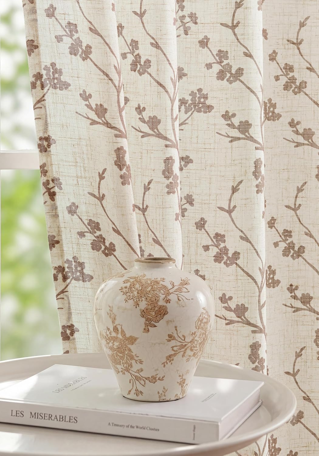 Beige Floral Linen Sheer Curtains 95 Inch Set of 2