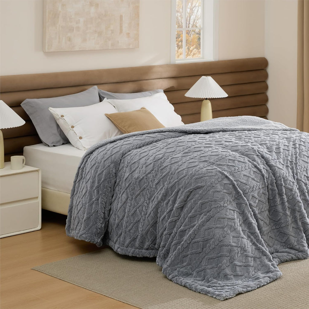 Grey Cable Jacquard Easter Sherpa Twin Blanket 60x80