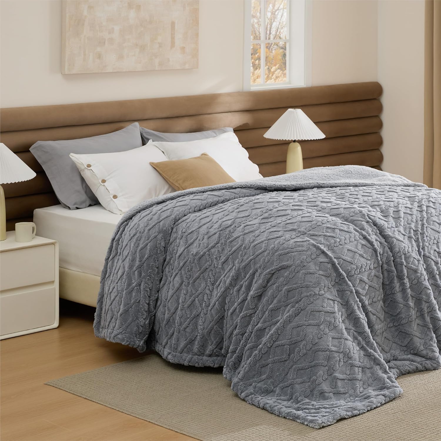 Grey Cable Jacquard Easter Sherpa Twin Blanket 60x80