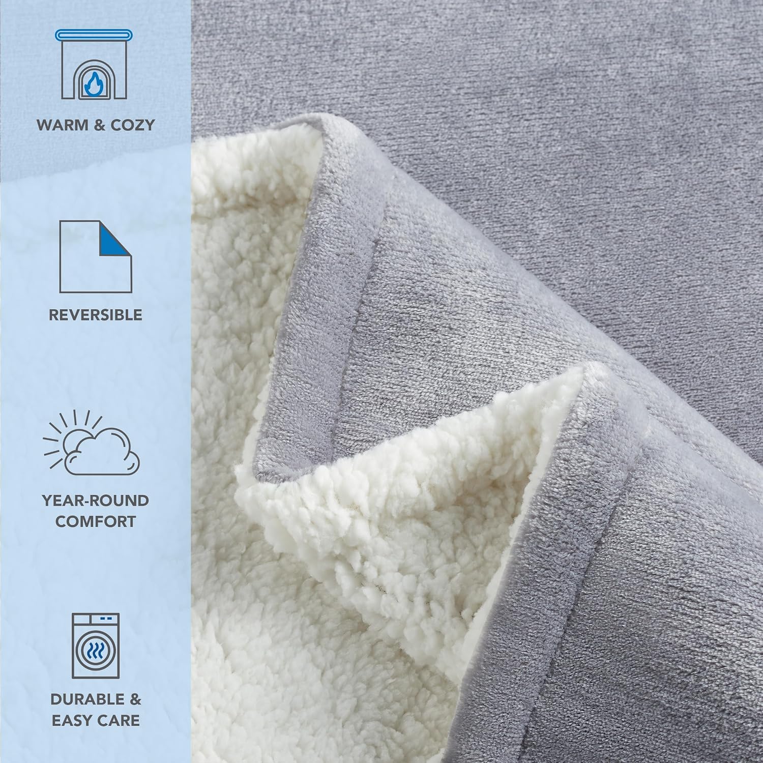 Grey Reversible Sherpa Fleece Throw Blanket Queen 90x90