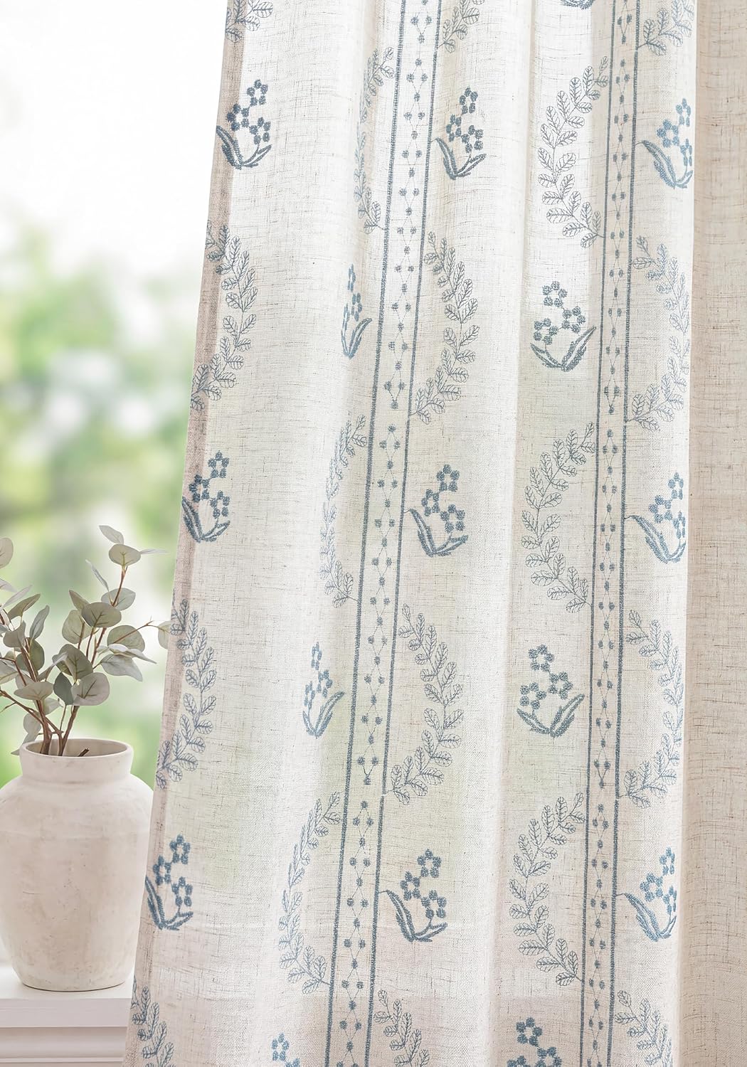 Navy Blue Lily of the Valley Floral Linen Curtains 96 Inch Set of 2