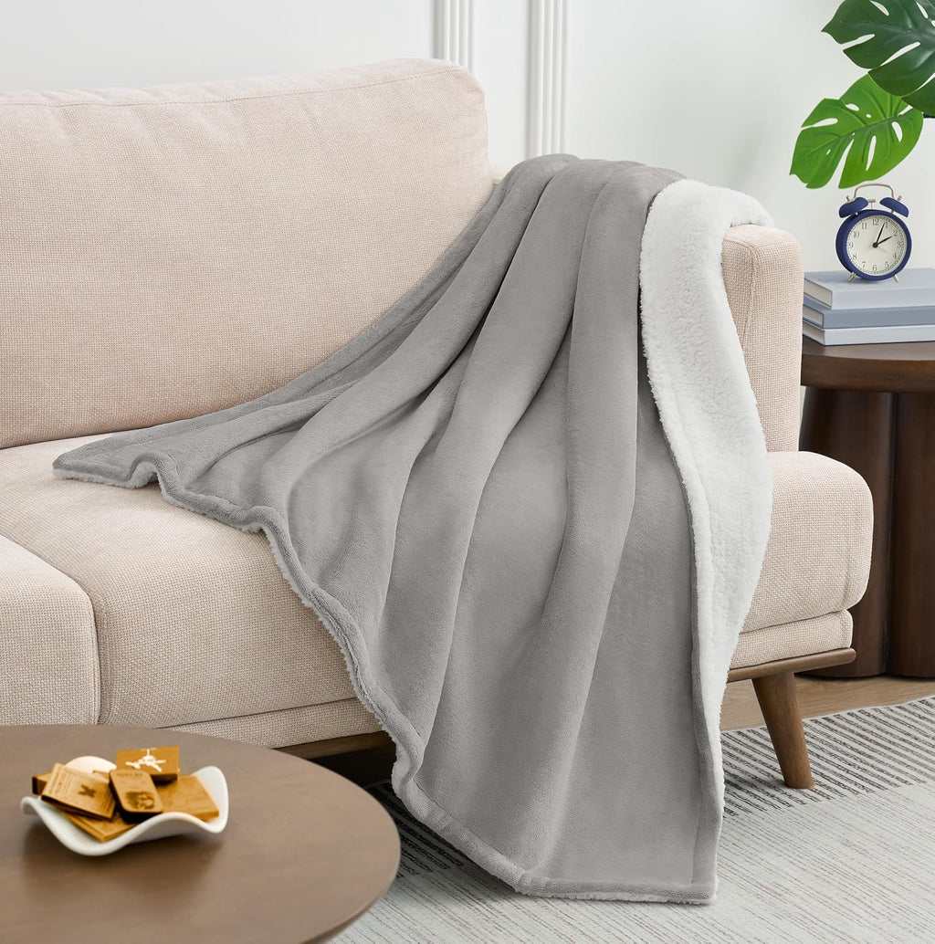 Grey Reversible Sherpa Throw Blanket 50x60