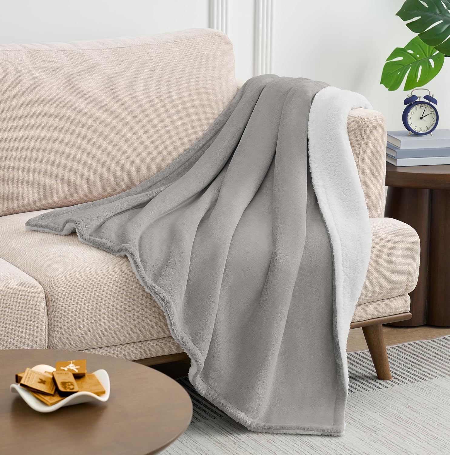 Grey Reversible Sherpa Throw Blanket 50x60