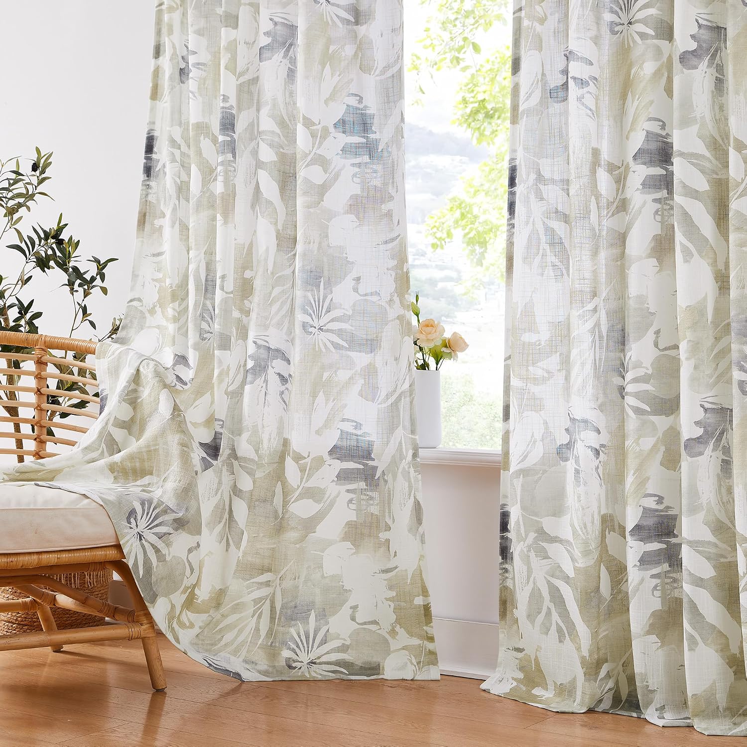 Beige Floral Linen Sheer Curtains 52x95 Set of 2