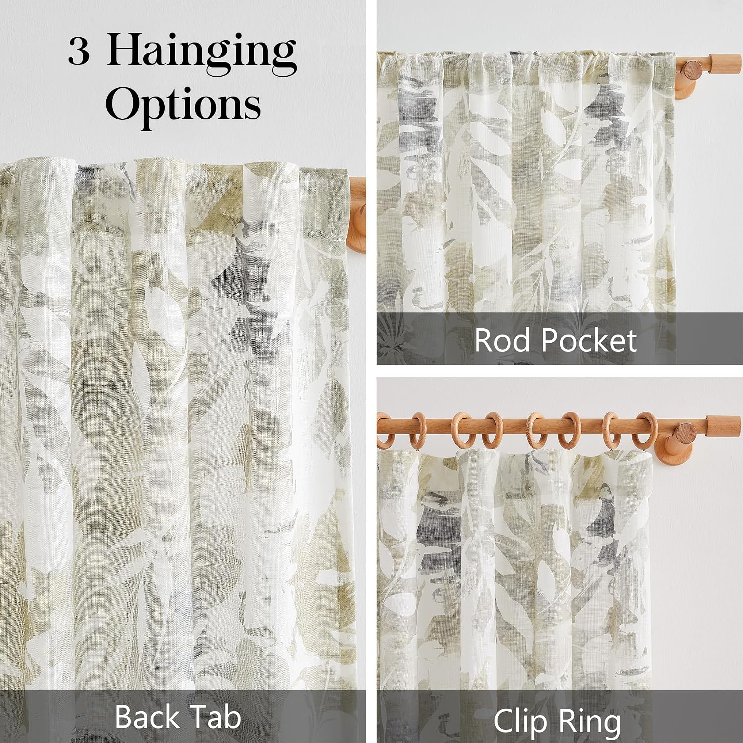 Beige Floral Linen Sheer Curtains 52x95 Set of 2