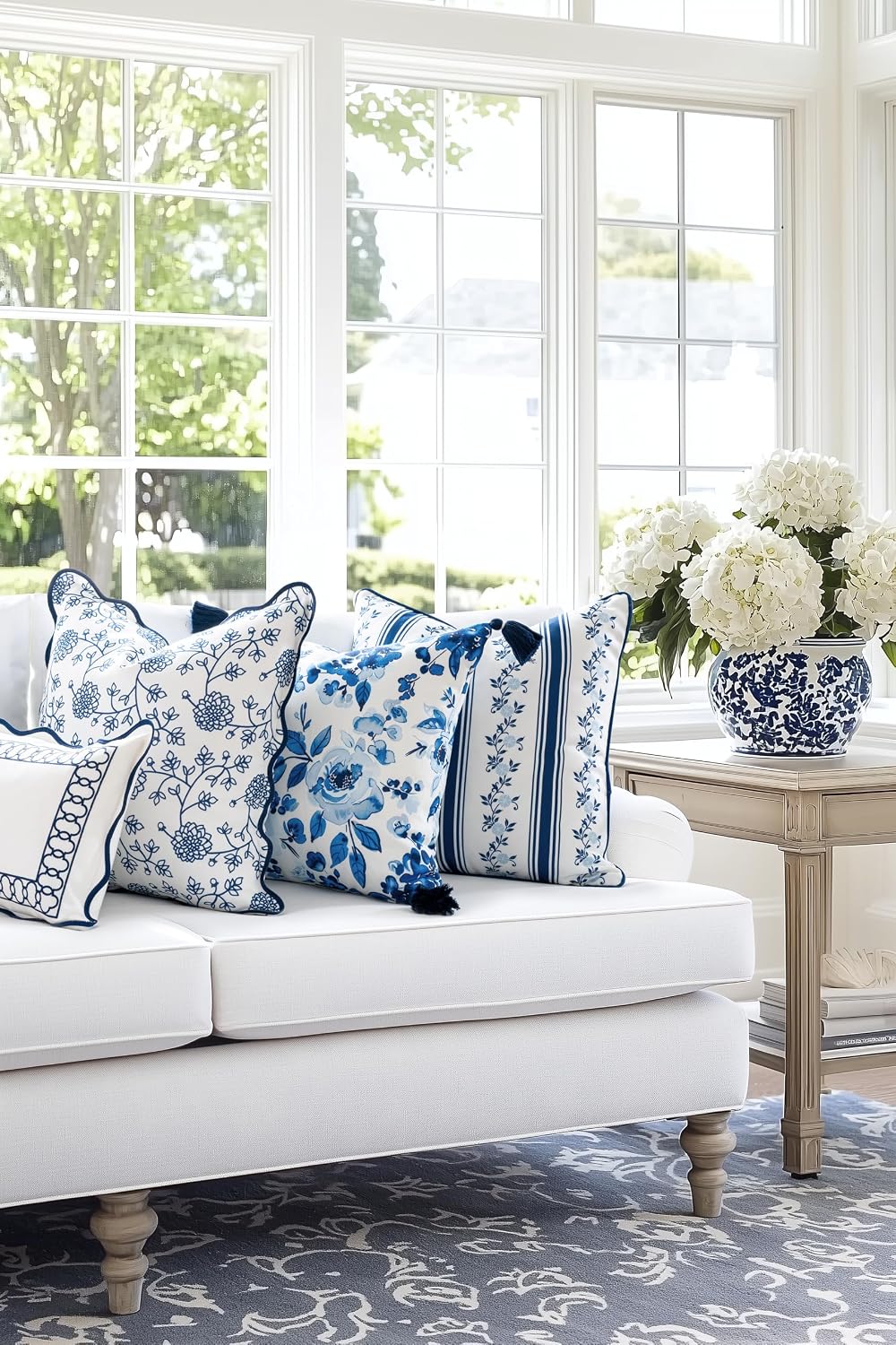 Navy Floral Stripe Outdoor Pillow Cover 20x20