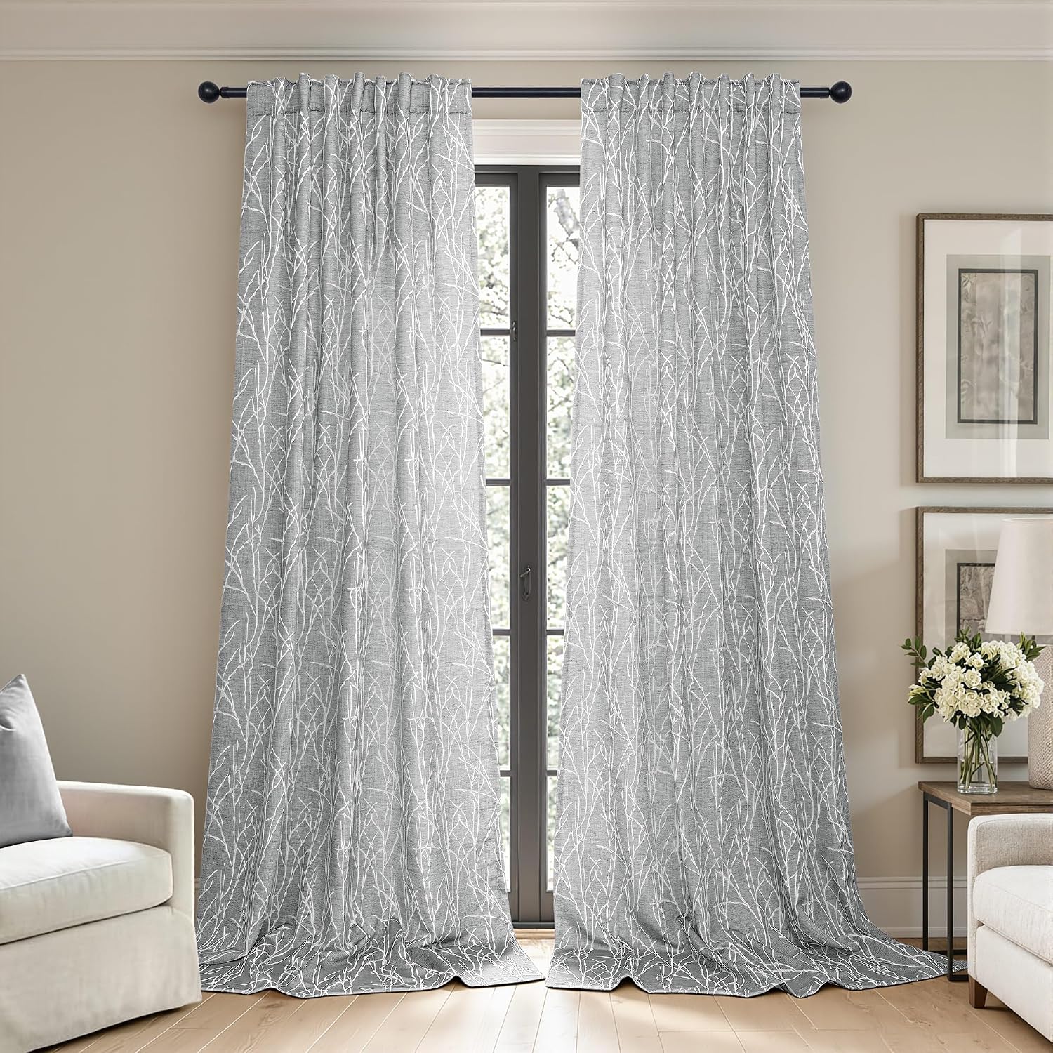 Dark Grey Abstract Tree Jacquard Curtains 120 Inch Set of 2